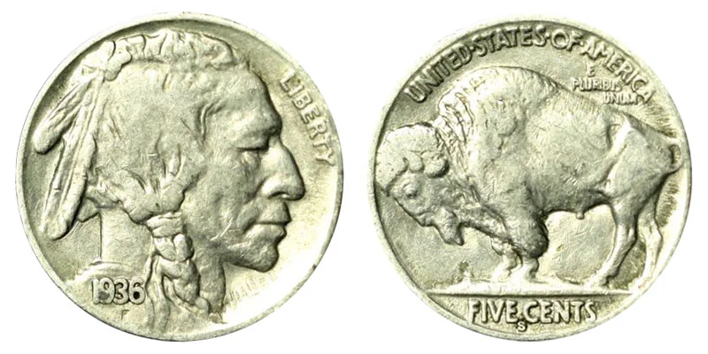 1936 Buffalo Nickel obverse and reverse, high-grade specimen showing Native American portrait and bison design