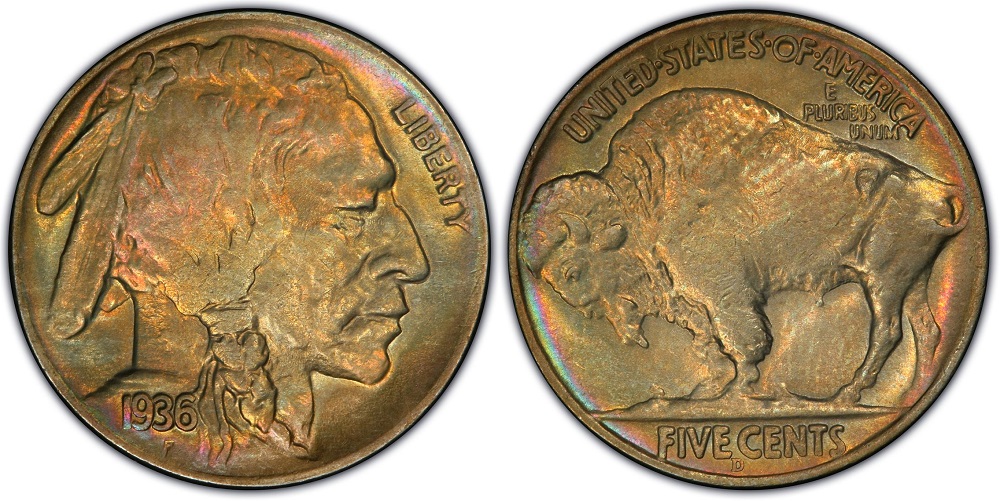 Side-by-side comparison of normal 1936-D Buffalo Nickel reverse vs genuine 3½ Legs variety showing missing upper front leg with hoof intact