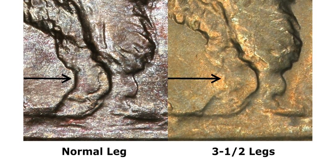 Close-up of 1936-D 3½ Legs Buffalo Nickel reverse showing missing upper front leg with hoof intact, FS-901 variety