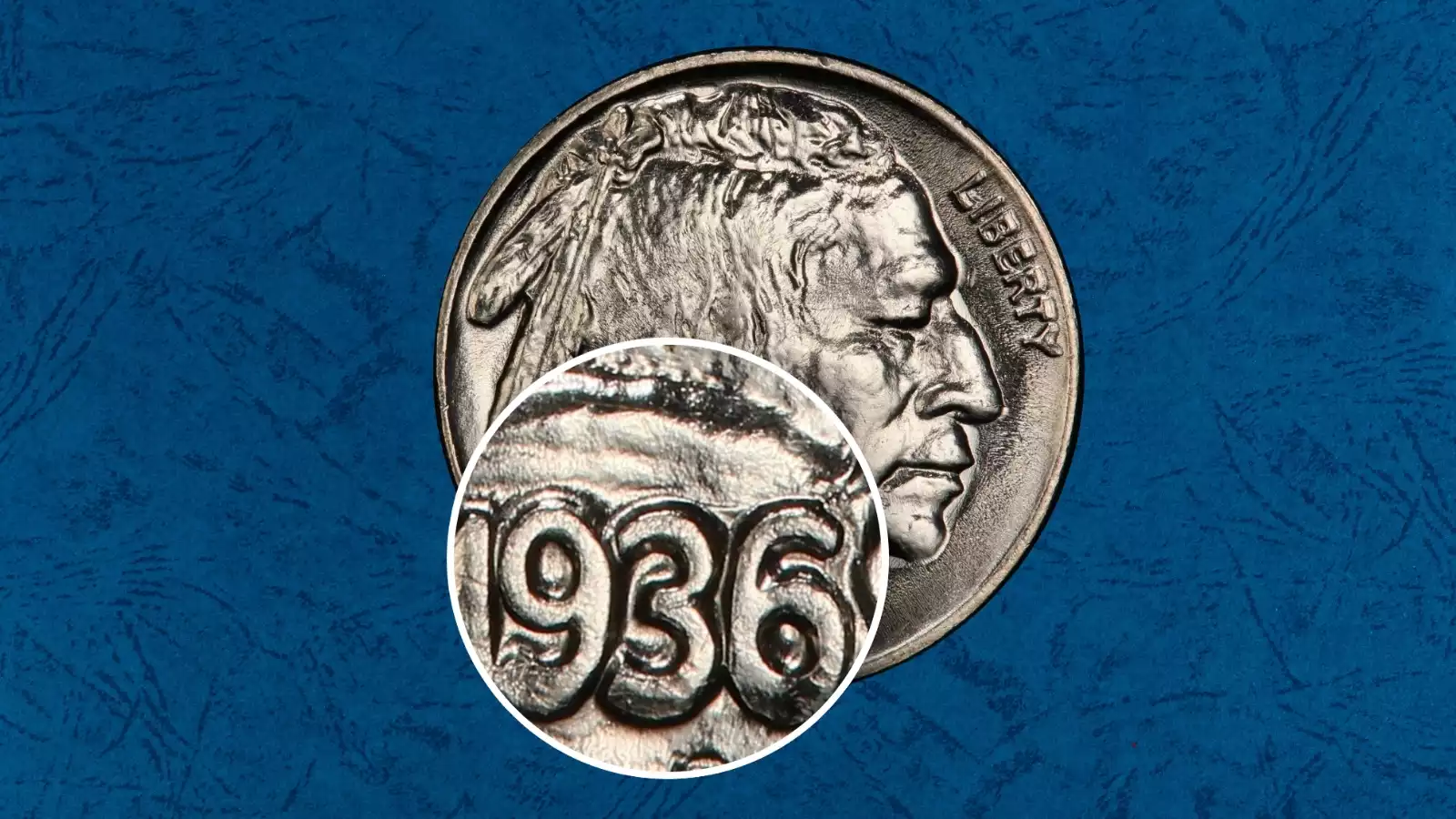 Close-up of 1936-P DDO FS-101 Buffalo Nickel obverse showing doubled LIBERTY inscription and date, hub doubling variety