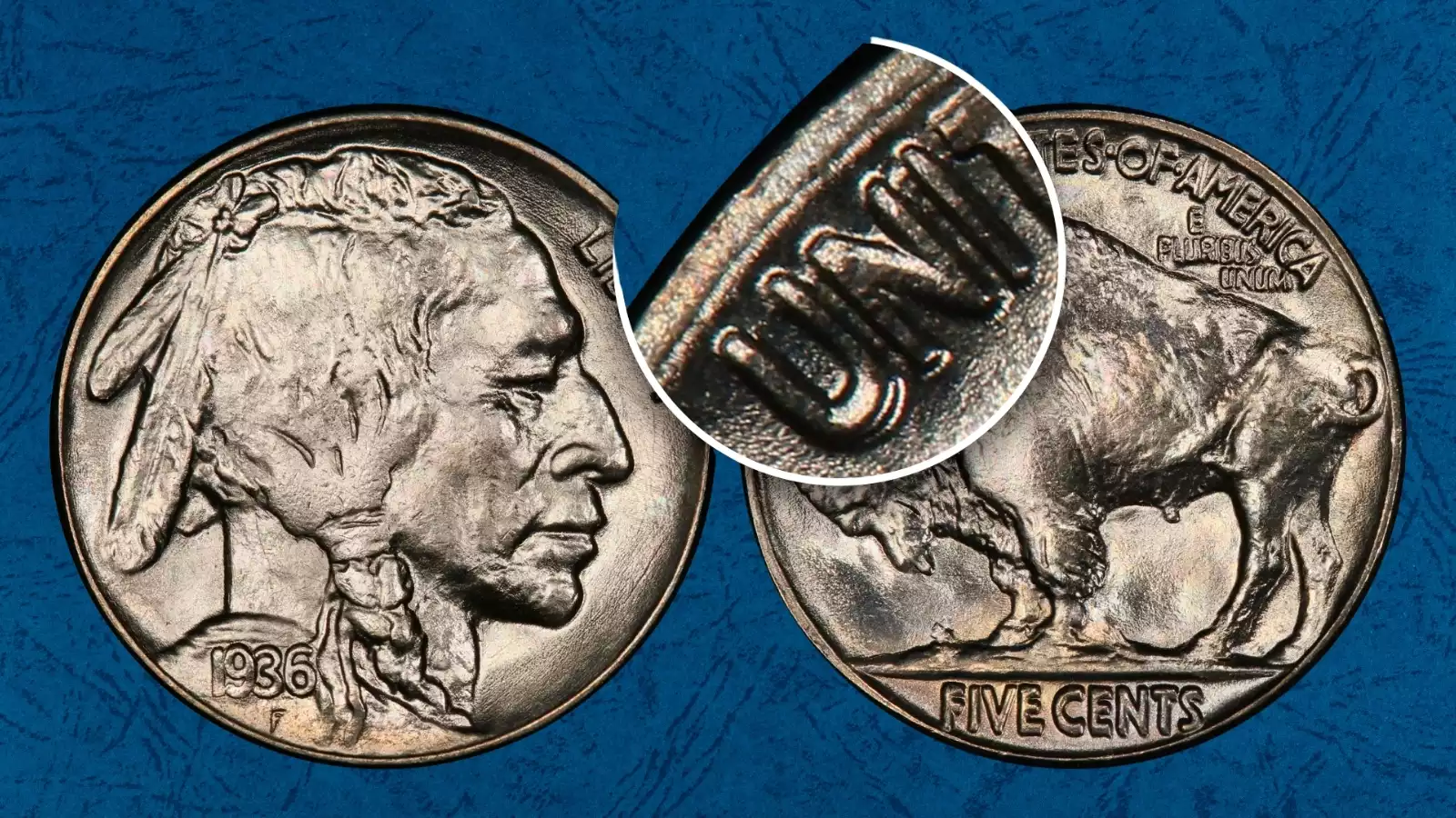Close-up of 1936-P DDR FS-801 Buffalo Nickel reverse showing doubled lettering on E PLURIBUS UNUM inscription