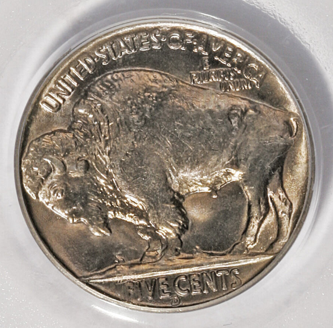 Extreme macro of 1936-D/S FS-511 Buffalo Nickel mint mark area showing S impression beneath primary D mint mark, over-mint mark variety
