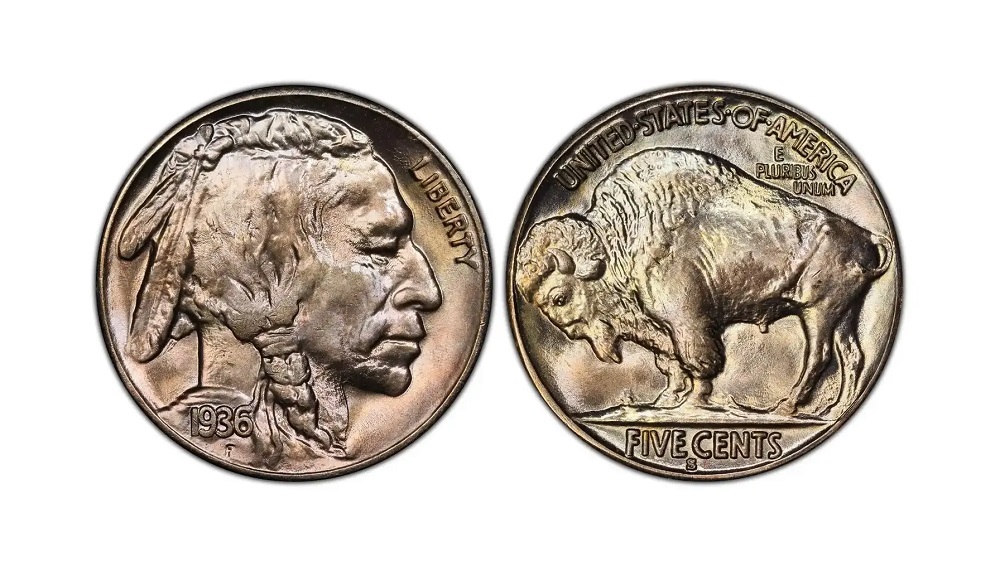 Grading strip of four 1936 Buffalo Nickels showing four condition tiers: worn (Good), circulated (Fine-XF), uncirculated (MS-63), and gem (MS-65)